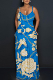 Blue Floral Print Sleeveless Backless Spaghetti Strap Floor Length Casual Outings Straight Loose Maxi Slip Dresss