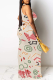 Light Khaki Flowers Stripe Geometric Print O Neck Sleeveless Casual Outings Straight Loose Maxi Dress