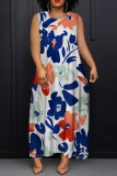 Dark Green Floral Print O Neck Sleeveless Ankle Length Casual Outings Straight Loose Pleated Maxi Dress