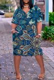Blue Graphic Print V Neck Short Sleeve Knee Length Casual Daily Plus Size Straight Loose T Shirt Dress