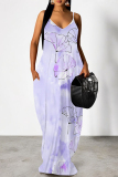 Dark Pink Geometric Print Deep V Neck Sleeveless Backless Spaghetti Strap Casual Outings Straight Loose Maxi Slip Dress
