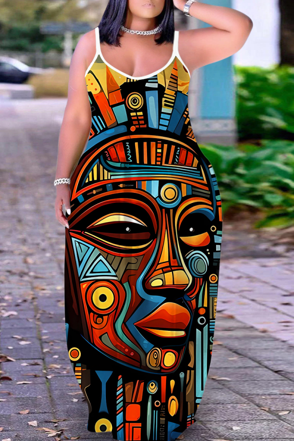Blue Orange Figure Print Sleeveless Backless Spaghetti Strap Floor Length Casual Outings Straight Loose Maxi Slip Dresss
