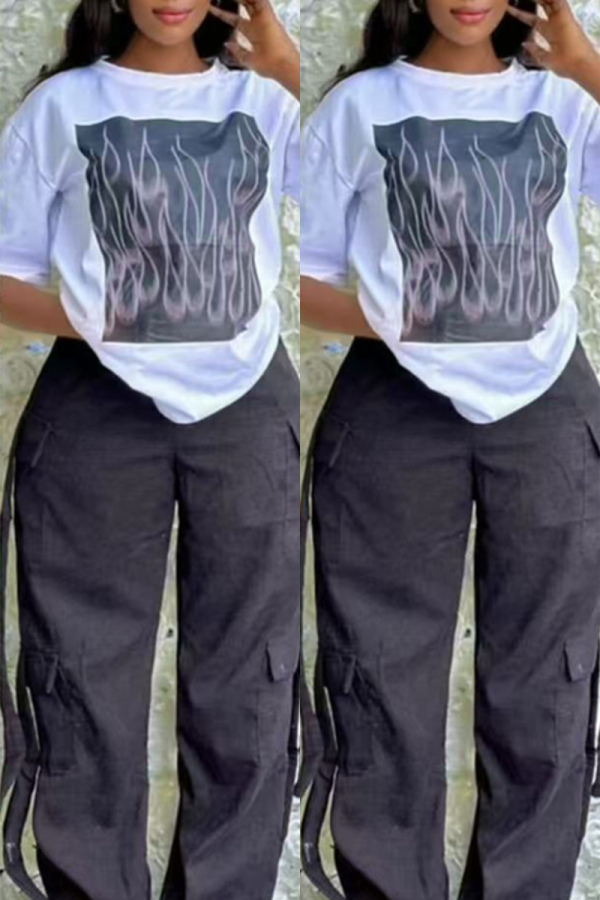 Pink Graphic Print O Neck Short Sleeve T Shirt and Baggy Cargo Pants Casual Outings Two Piece Matching Set