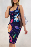Dark Blue Graphic Print U Neck Sleeveless Spaghetti Strap Casual Summer Outings Bodycon Tank Midi Dresses