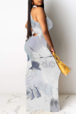 Light Khaki Flowers Stripe Geometric Print O Neck Sleeveless Casual Outings Straight Loose Maxi Dress