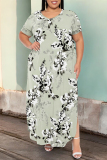 Light Blue Geometric Print V Neck Short Sleeve Pocket Side Slit Casual Outings Plus Size Straight Loose Maxi Dress