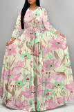 White Flowers Striped Print O Neck Nine Points Sleeve Pocket With Belt Casual Outings Loose Maxi Dress