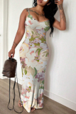 Green Floral Print Off Shoulder Sleeveless Backless Spaghetti Strap Casual Outings Bodycon Maxi Slip Dress