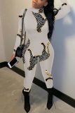 Grey Animal Print Half A Turtleneck Long Sleeve Casual Outings Plus Size Skinny Jumpsuit
