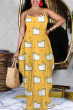 Blue Purple Cartoon Flowers Letters Print Deep V Neck Sleeveless Backless Spaghetti Strap Casual Outings Straight Loose Maxi Slip Dress