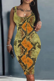 Brown U Neck Sleeveless Knee Length Casual Outings Plus Size Bodycon Vest Midi Dress