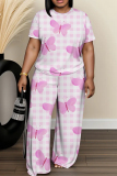 Light Blue Floral Butterfly Print O Neck Short Sleeve T Shirt and Wide Leg Pant Casual Outings Plus Size Two Piece Pant Set