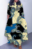 Yellow O Neck 3/4 Sleeve Casual Daily Pleated Hem Straight Loose Swing Maxi Dresses