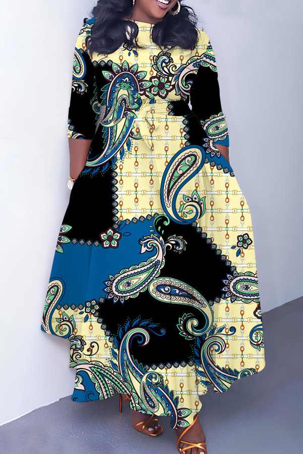 Yellow O Neck 3/4 Sleeve Casual Daily Pleated Hem Straight Loose Swing Maxi Dresses
