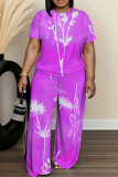 White O Neck Short Sleeve T Shirt and Wide Leg Pants Casual Daily Plus Size Two Piece Trouser Set