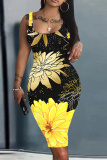 Pink Floral Print U Neck Off Shoulder Sleeveless Knee Length Casual Daily Plus Size Bodycon Tank Midi Dresses