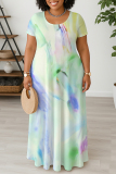 Purple Graphic Print V Neck Short Sleeve Floor Length Casual Outings Plus Size Straight Loose Maxi Dresses