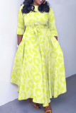 Yellow O Neck 3/4 Sleeve Casual Daily Pleated Hem Straight Loose Swing Maxi Dresses