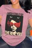 Grey Portrait Print O Neck Short Sleeve Casual Outings Women Cotton Graphic T Shirts