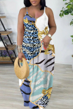 Dark Brown Leopard Print Sleeveless Backless Spaghetti Strap Floor Length Casual Outings Straight Loose Maxi Slip Dresses