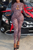 Leopard Print O Neck Long Sleeve Hollow Out Casual Outings Skinny Jumpsuit