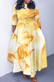 Yellow O Neck 3/4 Sleeve Casual Daily Pleated Hem Straight Loose Swing Maxi Dresses