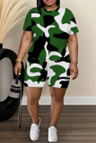 Pink Leaf Print O Neck Short Sleeve T Shirt and High Waist Shorts Casual Outings Two Pieces Short Set