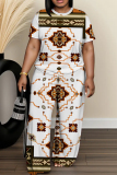 White O Neck Short Sleeve T Shirt and Wide Leg Pants Casual Daily Plus Size Two Piece Trouser Set