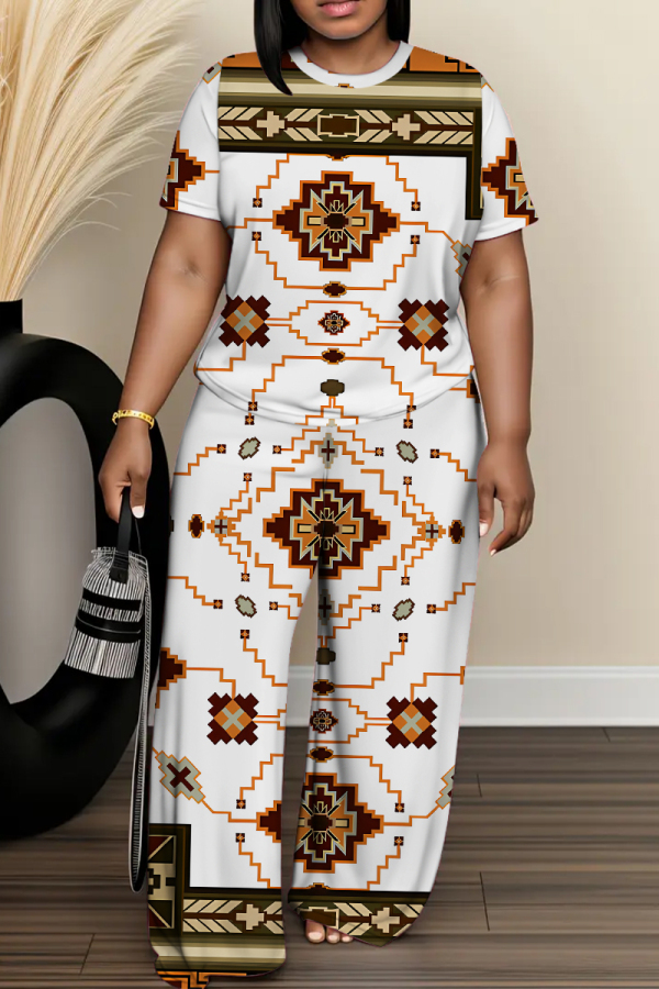 White O Neck Short Sleeve T Shirt and Wide Leg Pants Casual Daily Plus Size Two Piece Trouser Set