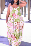 Rose Purple Floral Fruit Print Sleeveless Backless Spaghetti Strap Floor Length Casual Outings Straight Loose Maxi Slip Dresses