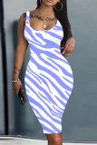 Black Striped Print U Neck Off Shoulder Sleeveless Knee Length Casual Daily Plus Size Bodycon Tank Midi Dresses