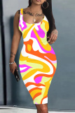 Yellow U Neck Off Shoulder Sleeveless Knee Length Casual Daily Plus Size Bodycon Tank Midi Dresses