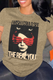 Grey Portrait Print O Neck Short Sleeve Casual Outings Women Cotton Graphic T Shirts