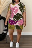 Pink Leaf Print O Neck Short Sleeve T Shirt and High Waist Shorts Casual Outings Two Pieces Short Set