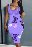 Pink Floral Print U Neck Off Shoulder Sleeveless Knee Length Casual Daily Plus Size Bodycon Tank Midi Dresses