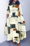Yellow O Neck 3/4 Sleeve Casual Daily Pleated Hem Straight Loose Swing Maxi Dresses
