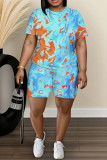 Pink Leaf Print O Neck Short Sleeve T Shirt and High Waist Shorts Casual Outings Two Pieces Short Set