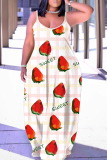 Rose Purple Floral Fruit Print Sleeveless Backless Spaghetti Strap Floor Length Casual Outings Straight Loose Maxi Slip Dresses