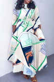 Light Blue O Neck 3/4 Sleeve Casual Daily Pleated Hem Straight Loose Swing Maxi Dresses