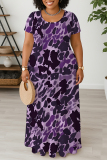 Purple Graphic Print V Neck Short Sleeve Floor Length Casual Outings Plus Size Straight Loose Maxi Dresses