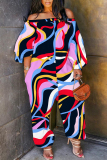 Orange Floral Graphic Print Off Shoulder Long Sleeve Casual Daily Wide Leg Harlan Jumpsuit