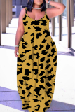 Rose Red Leopard Print Sleeveless Backless Spaghetti Strap Floor Length Casual Outings Straight Loose Maxi Slip Dresses