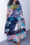 Yellow O Neck 3/4 Sleeve Casual Daily Pleated Hem Straight Loose Swing Maxi Dresses