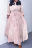 Pink O Neck 3/4 Sleeve Casual Daily Pleated Hem Straight Loose Swing Maxi Dresses