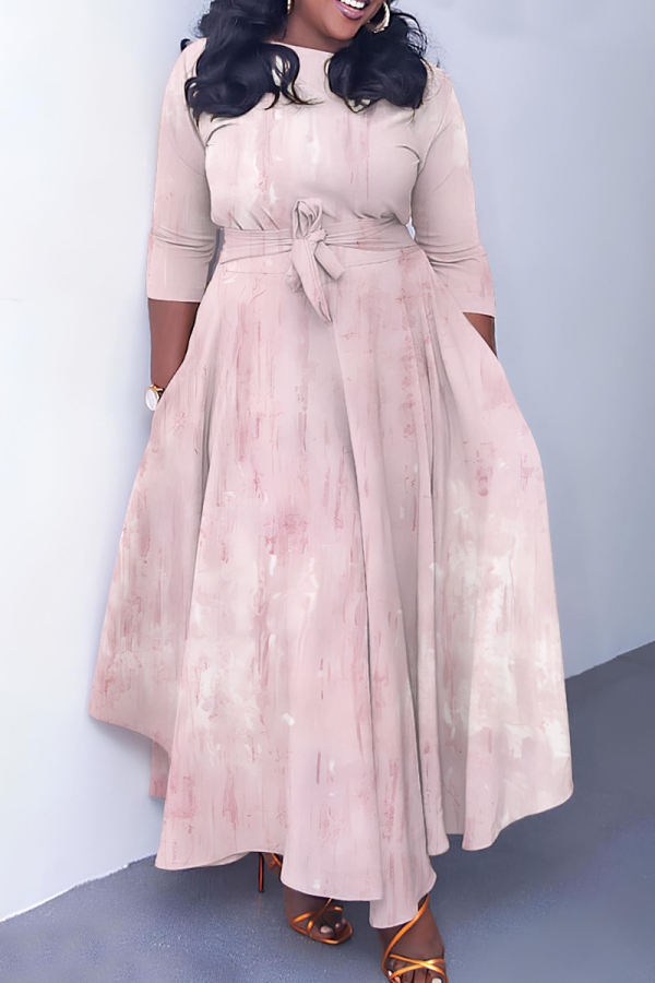 Pink O Neck 3/4 Sleeve Casual Daily Pleated Hem Straight Loose Swing Maxi Dresses