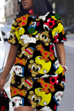 Yellow Red O Neck Short Sleeve T Shirt and High Waist Shorts Casual Outings Two Pieces Short Set