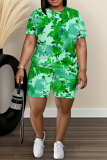 Pink Leaf Print O Neck Short Sleeve T Shirt and High Waist Shorts Casual Outings Two Pieces Short Set