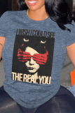 Grey Portrait Print O Neck Short Sleeve Casual Outings Women Cotton Graphic T Shirts