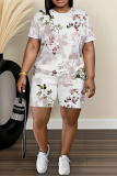 Pink Leaf Print O Neck Short Sleeve T Shirt and High Waist Shorts Casual Outings Two Pieces Short Set