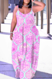 Rose Purple Floral Fruit Print Sleeveless Backless Spaghetti Strap Floor Length Casual Outings Straight Loose Maxi Slip Dresses